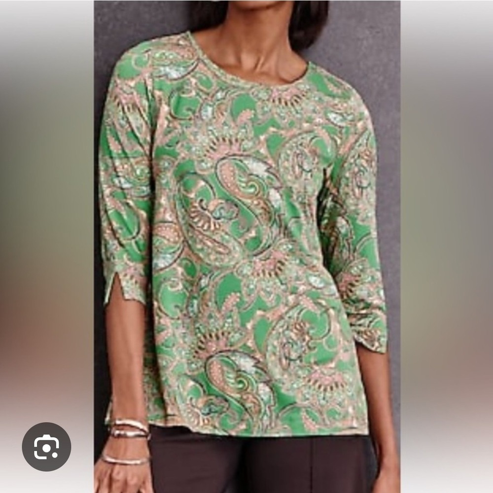 J Jill Top‎ Womens Small Wearever Collection Stretch Green Paisley Boho Mature